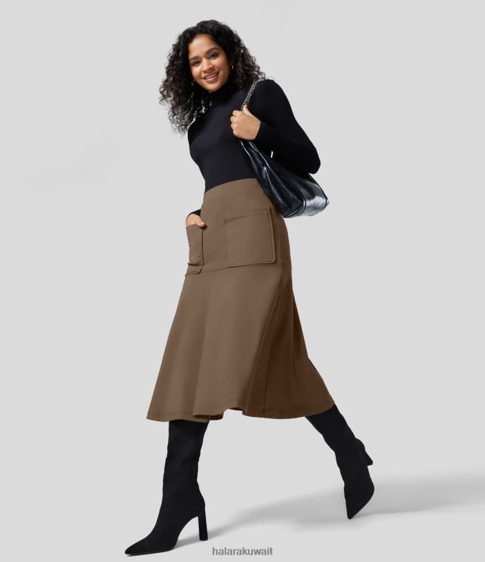 ملابس بني محمر TDP4N764 نحيف Halara تنورة Softlyzero Eco بجيب عالي الخصر ميدي مضيئة للعمل على شكل ذيل السمكة