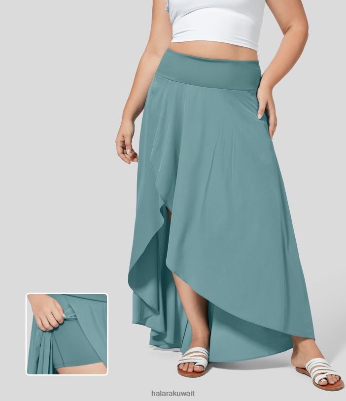 قيعان الأزرق المعدني TDP4N765 نحيف Halara تنورة عالية الخصر وكشكشة عالية ومنخفضة 2 في 1 متوسطة الطول سريعة الجفاف كاجوال مقاس كبير