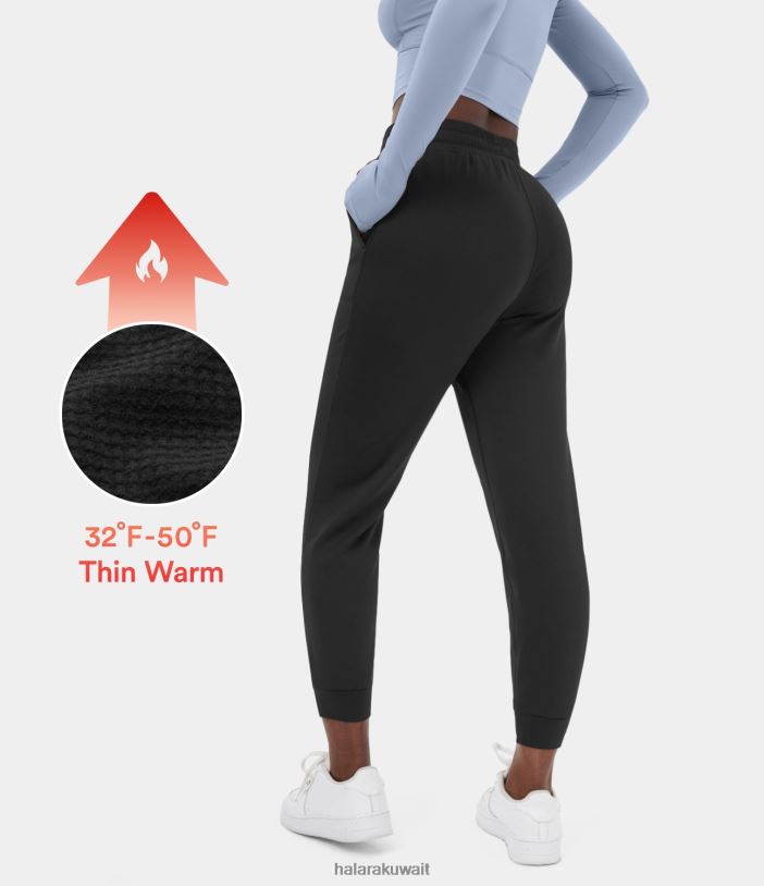 ملابس رياضية أسود TDP4N78 نحيف Halara بنطلون رياضي كاجوال من الصوف بحزام خصر مرن برباط وجيب جانبي من الصوف ثلاثي الأبعاد