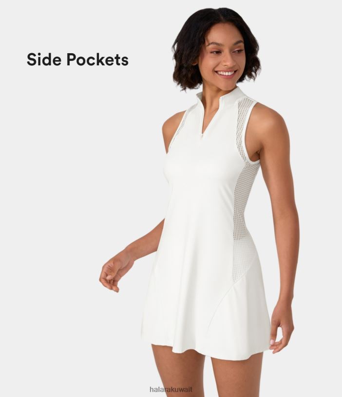 ملابس رياضية أبيض TDP4N791 نحيف Halara فستان تنس صغير بنصف سحاب وجيب جانبي شبكي متباين مكون من قطعتين