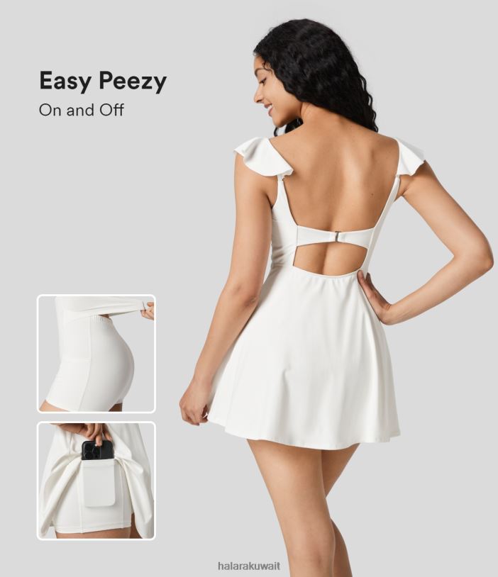ملابس رياضية أبيض TDP4N797 نحيف Halara فستان قصير بدون ظهر بفتحة جيب 2 في 1 للرقص النشط - إصدار سهل من Peezy