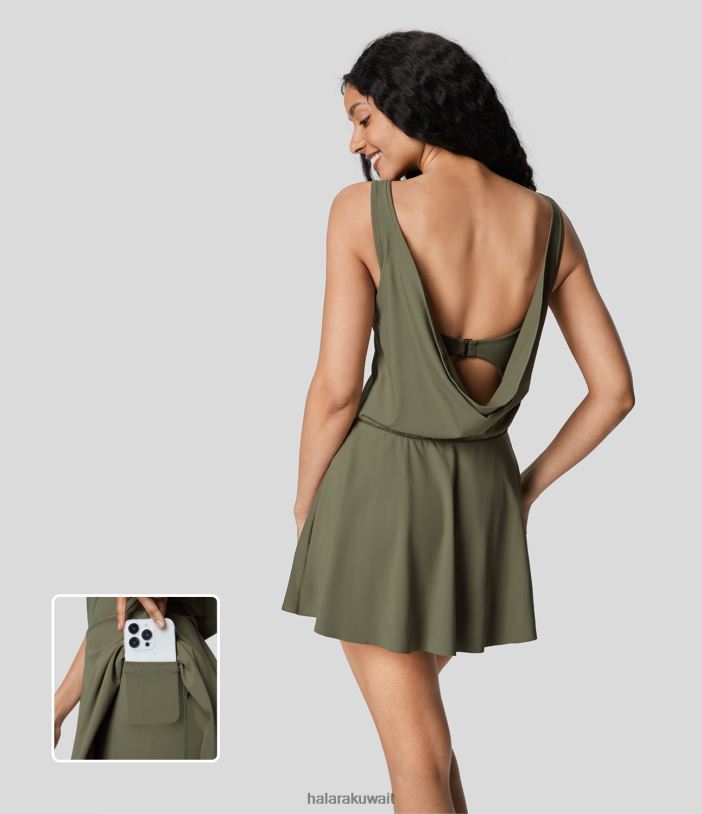 ملابس رياضية أخضر ذابل TDP4N801 نحيف Halara فستان رقص قصير ثنيات بدون ظهر بخطاف على شكل حرف G 2 في 1 بجيب جانبي