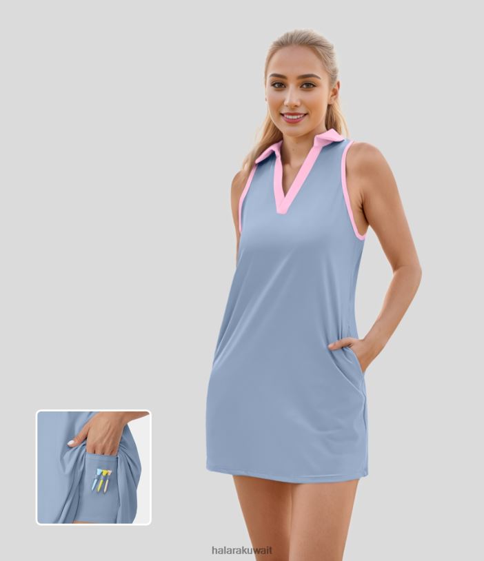 ملابس رياضية شامبراي الأزرق TDP4N810 نحيف Halara Softlyzero Airy Collar Pocket Color Block من قطعتين Cool Touch Mini Golf Active Dress - جيب تي شيرت الجولف