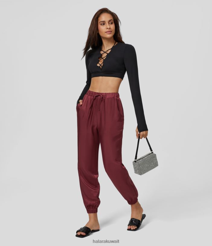 ملابس خمري محترق TDP4N84 نحيف Halara بنطال رياضي للحفلات برباط وخصر عالٍ وجيب جانبي يشبه الساتان