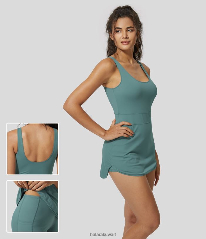 ملابس رياضية صخرة سماوية زرقاء TDP4N853 نحيف Halara فستان Softlyzero Airy بدون ظهر مكون من قطعتين وجيب جانبي ذو ملمس رائع وكرة البيسبول الصغيرة النشطة
