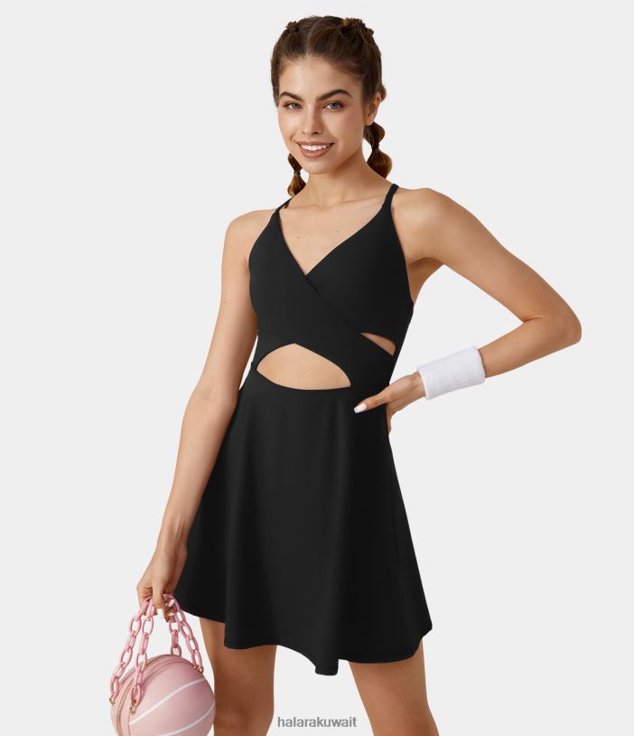 ملابس رياضية أسود TDP4N870 نحيف Halara فستان ناعم للرقص من القطيفة بدون ظهر مكون من قطعتين وجيب سهل الارتداء
