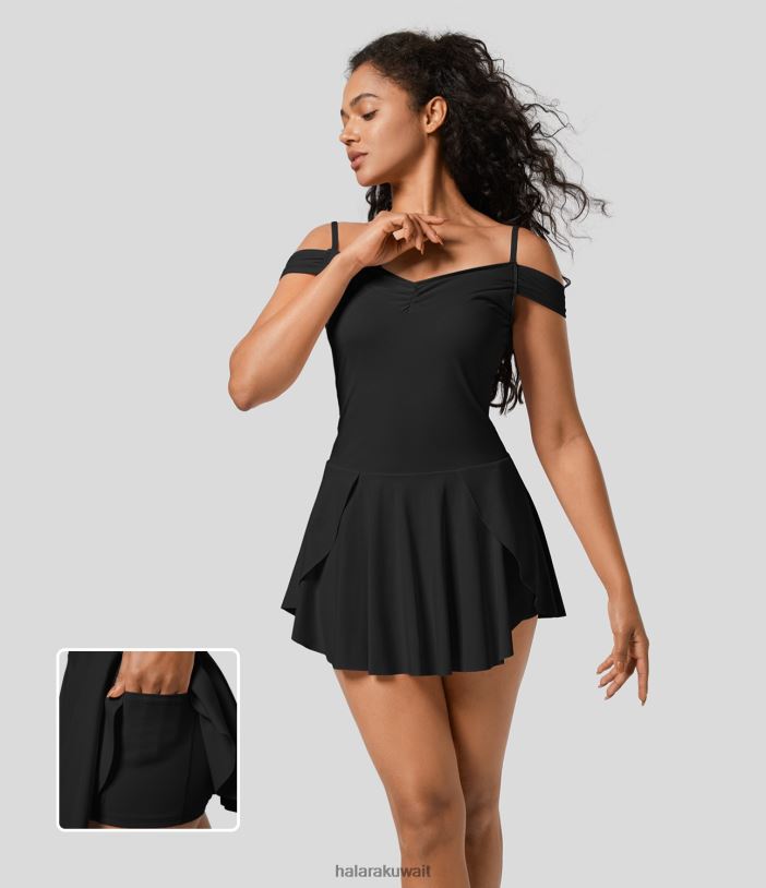 ملابس رياضية أسود TDP4N876 نحيف Halara فستان رقص نشيط قصير 2 في 1 بطبقات وجيب جانبي بدون ظهر