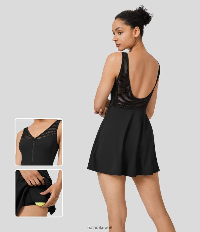 ملابس رياضية أسود TDP4N877 نحيف Halara فستان تنس نشيط بسحاب بدون ظهر وشبكة متباينة 2 في 1 وجيب سريع الجفاف