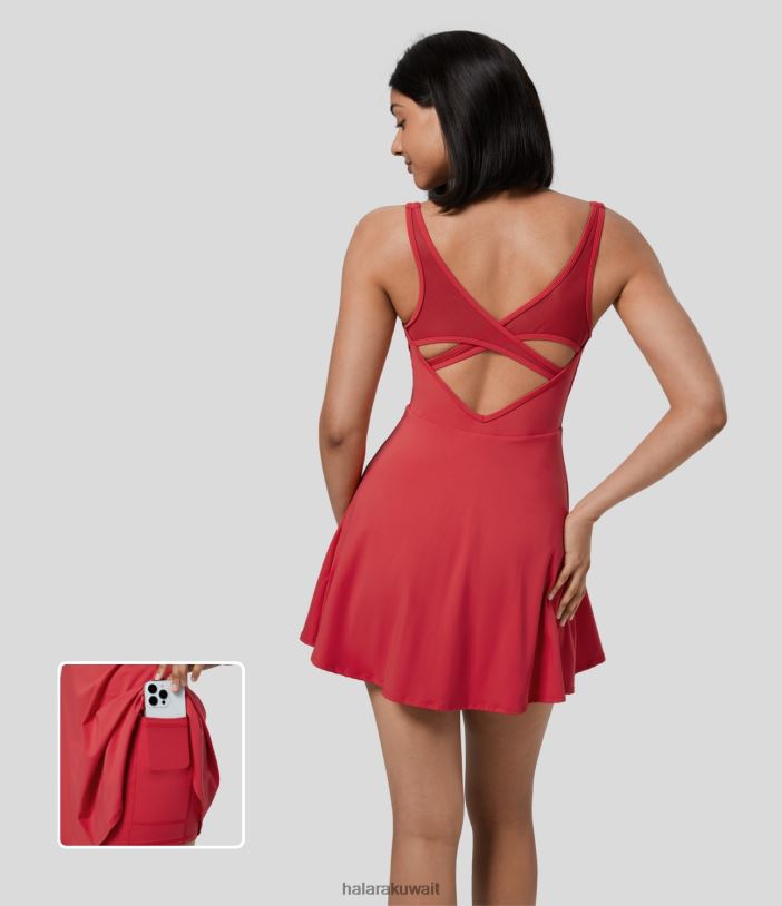 ملابس رياضية السالسا TDP4N879 نحيف Halara فستان رقص قصير شبكي متباين بدون ظهر 2 في 1 بجيب