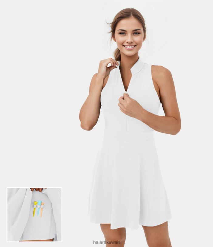 ملابس رياضية أبيض TDP4N921 نحيف Halara جيب جانبي بنصف سحاب بدون ظهر وجيب جانبي بظهر متسابق 2 في 1 فستان جولف نشط وجيب تي شيرت للجولف