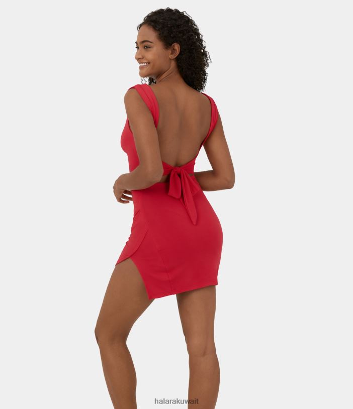 ملابس أحمر صحيح TDP4N972 نحيف Halara فستان قصير غير رسمي بحاشية مقسمة وظهر مكشوف ومكشكش