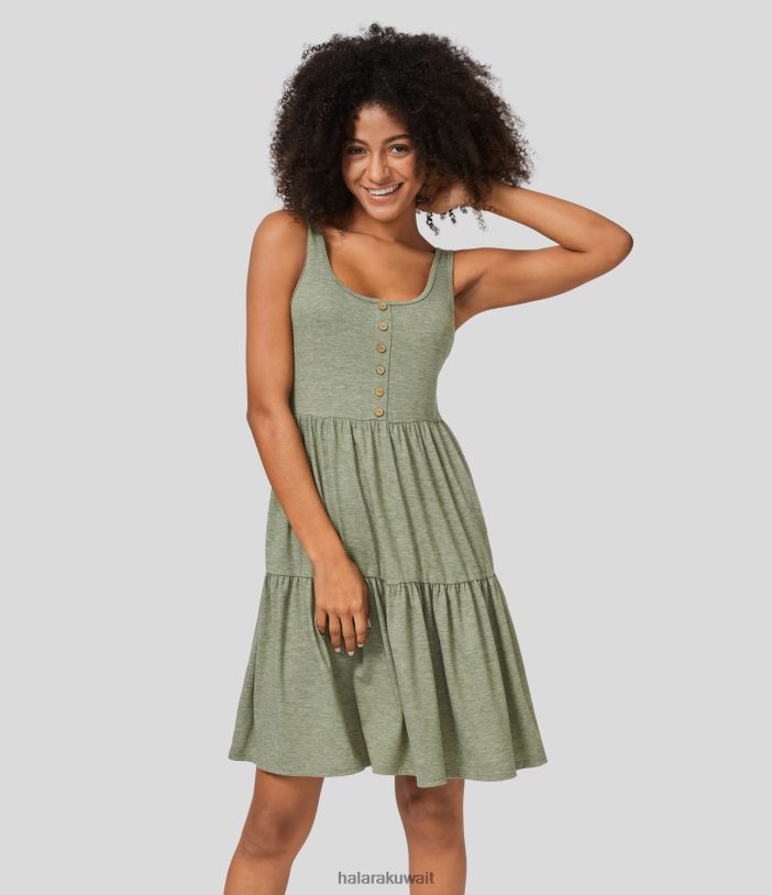 ملابس خيوط زهرية خضراء فاتحة TDP4N981 نحيف Halara فستان قصير فضفاض برقبة على شكل حرف U وأزرار مكشوفة الظهر وحاشية مكشكشة مطوية
