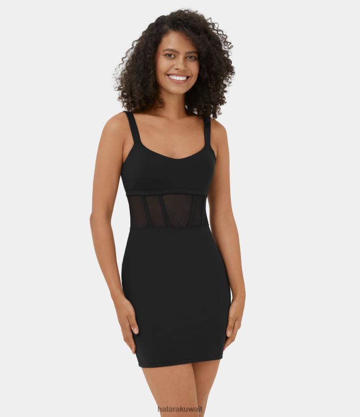 ملابس أسود TDP4N986 نحيف Halara فستان Softlyzero Airy ذو شبكة متباينة بتصميم كورسيه بدون ظهر، فستان قصير كاجوال ذو ملمس رائع