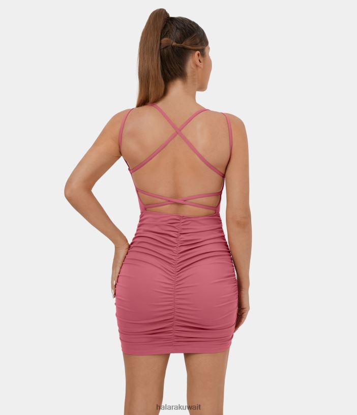 ملابس بيجونيا روج TDP4N987 نحيف Halara فستان قصير غير رسمي مكشكش بدون ظهر متقاطع