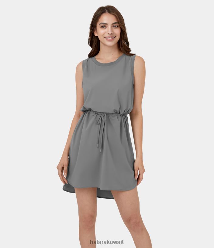 ملابس الفانيلا الرمادية TDP4N992 نحيف Halara فستان كاجوال قصير برقبة دائرية مضلع وبلا أكمام ورباط وحاشية مقسمة ومنخفضة