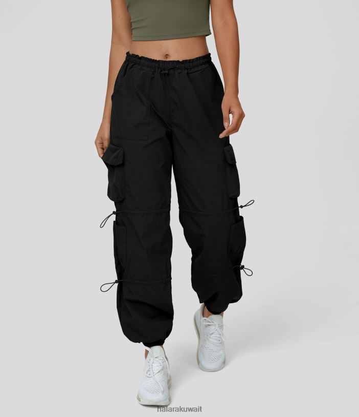 ملابس أسود TDP4N9 نحيف Halara بنطال رياضي قطني برباط متوسط ​​الارتفاع وجيوب متعددة
