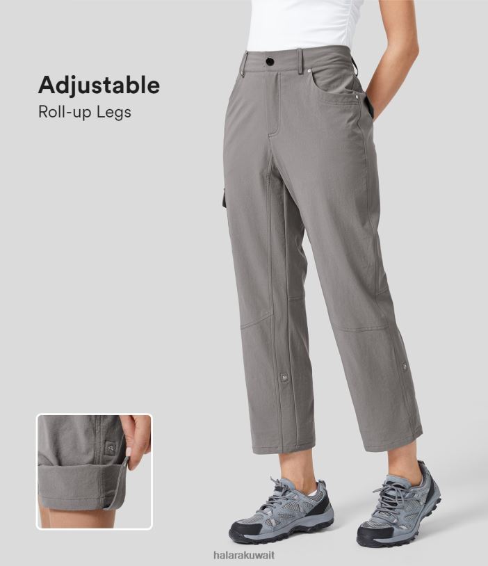 ملابس com.cloudburst TDP4N407 نحيف Halara سروال عمل بحزام خصر مرن متوسط ​​الارتفاع وزر وسحاب جانبي وجيب جانبي قابل للتعديل وأرجل قابلة للطي