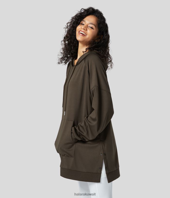 ملابس com.delicioso TDP4N2012 نحيف Halara سترة مضلعة بغطاء للرأس وأكمام راجلان وجيب الكنغر وأزرار كبس كبيرة الحجم كاجوال