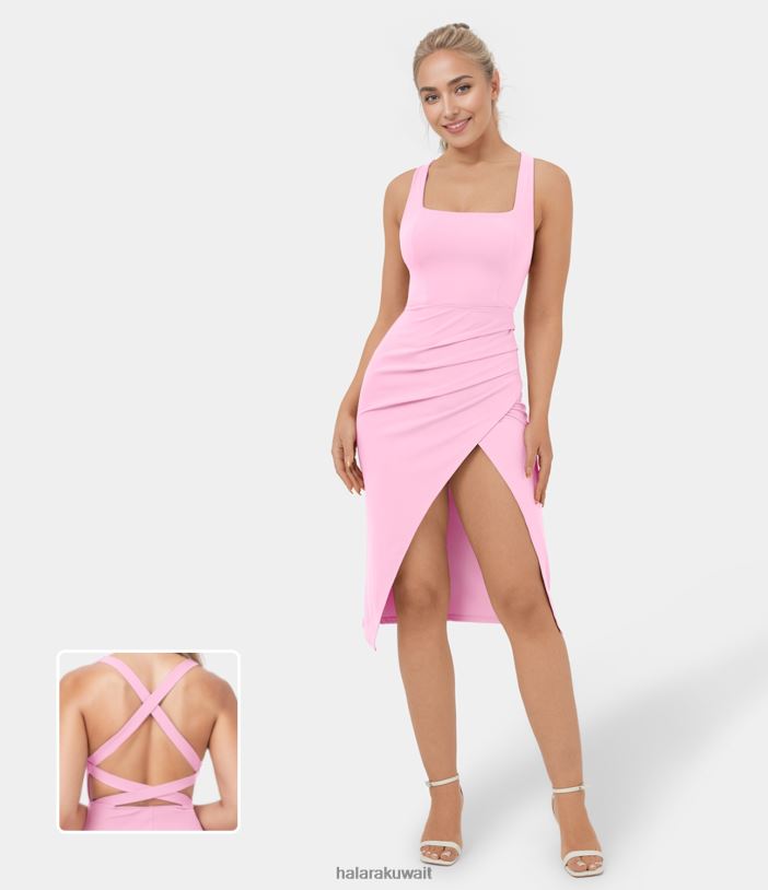 ملابس com.nosegay TDP4N1098 نحيف Halara فستان Softlyzero Airy Ruched منفصل غير متماثل بدون ظهر متقاطع، فستان متوسط ​​الطول كاجوال ذو ملمس رائع