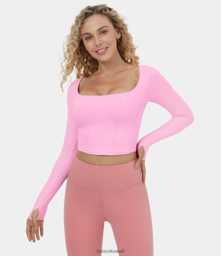 ملابس رياضية com.nosegay TDP4N1898 نحيف Halara سترة رياضية لليوجا مقصوصة برقبة مربعة وفتحة إبهام من Softlyzero