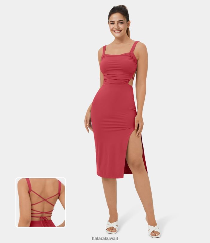 ملابس com.winterberry TDP4N1081 نحيف Halara فستان كاجوال متوسط ​​الطول مكشكش بدون ظهر ومتقاطع وأربطة منقسمة