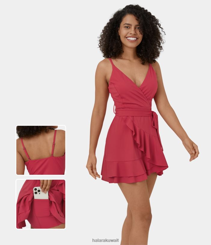 ملابس com.winterberry TDP4N970 نحيف Halara فستان قصير كاجوال بدون ظهر ورقبة على شكل حرف V بدون أكمام وربطة عنق وكشكشة جانبية وجيب جانبي من قطعتين