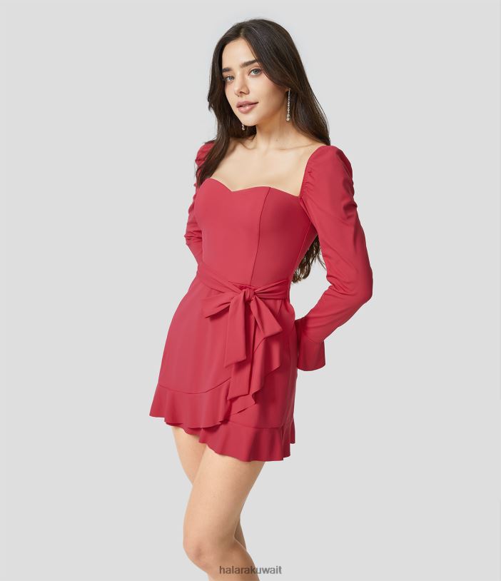 ملابس com.winterberry TDP4N989 نحيف Halara فستان قصير غير رسمي برقبة على شكل قلب وأكمام واسعة وربطة عنق جانبية وحاشية مكشكشة