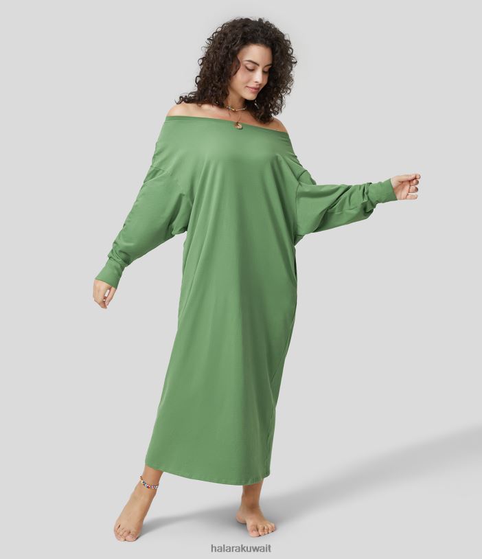 ملابس jadeseen TDP4N1183 نحيف Halara فستان قطني كاجوال طويل برقبة دائرية وأكمام طويلة وجيب جانبي مريح وطويل ميدي