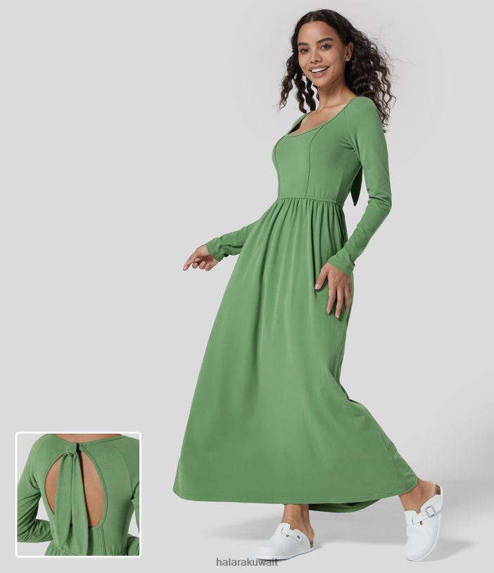 ملابس jadeseen TDP4N1245 نحيف Halara فستان ماكسي كاجوال من القطن برقبة على شكل حرف U وأكمام طويلة وربطة عنق وظهر مكشوف