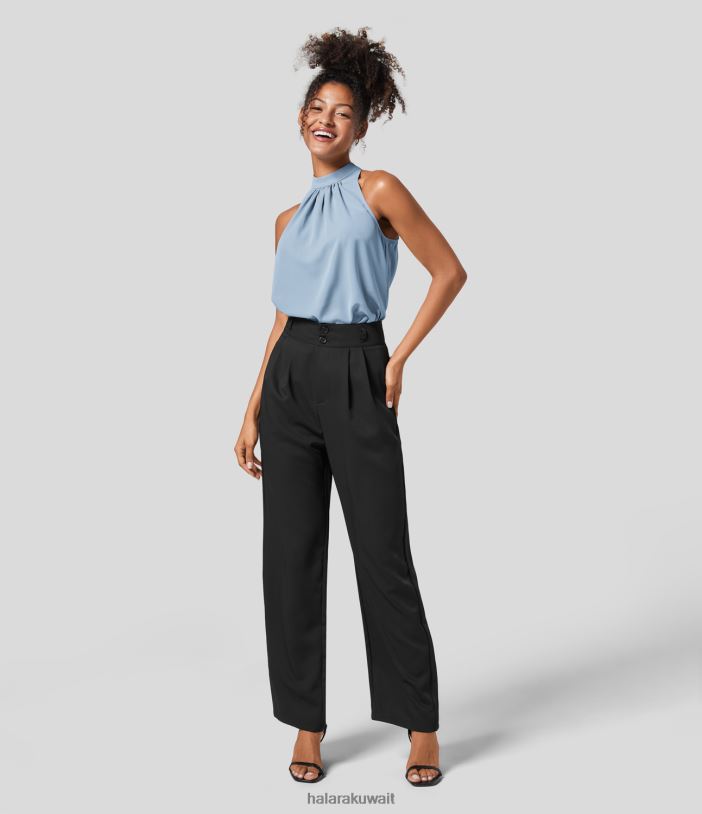 ملابس skyride TDP4N1625 نحيف Halara بلوزة عمل بحاشية منحنية بدون أكمام ومطويات بفتحة مفتاح في الخلف